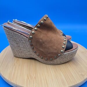 Ash‎ Paprika Wedge Mule Sandal Camel Suede Studded Peep Toe Woven Women's 39/9